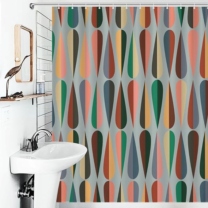 Retro 50s Shower Curtains Simple Drop Shapes Abstract Grid Gray Geometric Pattern Duty Fabric Shower Curtain Set Bathroom Polyester Waterproof with 12 Hooks, 55x72Inch（140x183cm）