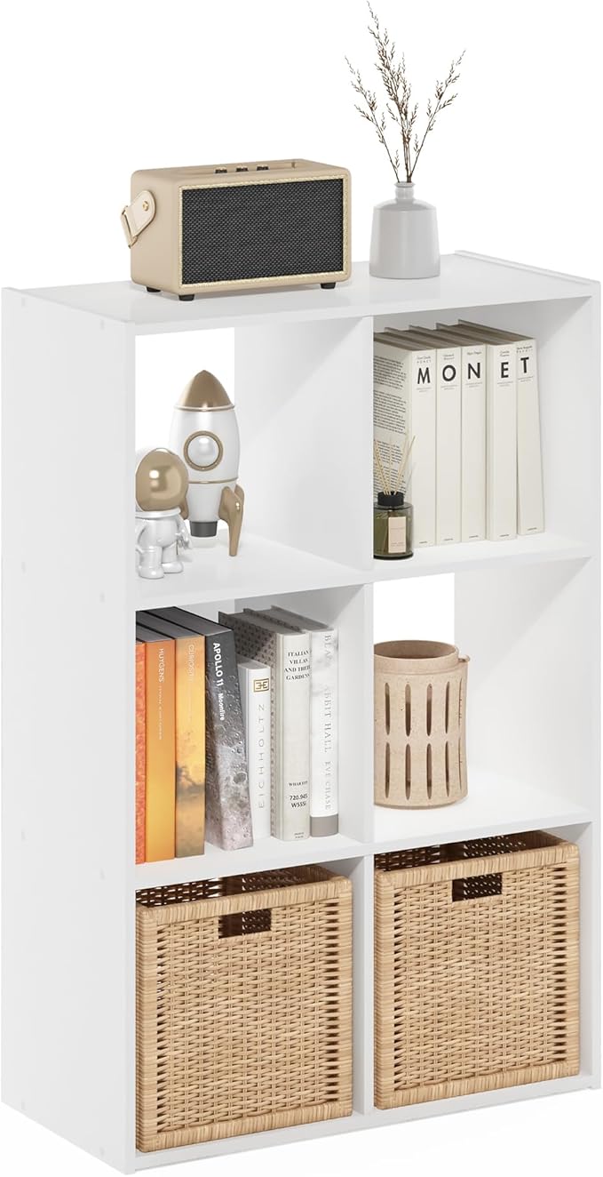 Furinno PELLI Book Shelf, 6-Cube Bookshelf with Open & Closed Back Cubes, 3 x 2 Storage Organizer Cabinet, 11.6 x 24.2 x 35.9, for Living Room, Bedroom, Home Office, White