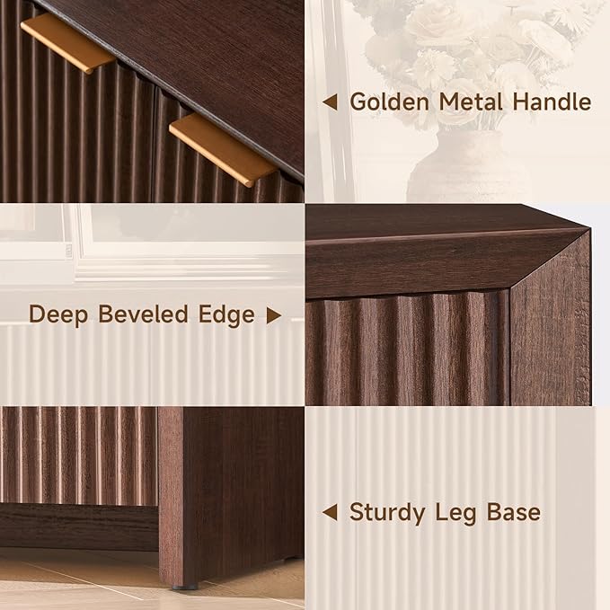 ONBRILL Fluted Sideboard Buffet Cabinet with Storage, Wooden Modern Fluted Sideboard with 4 Doors and 5 Adjustable Shelves, Coffee Bar Table for Dining Room, Hallway, Kitchen (Dark Walnut)