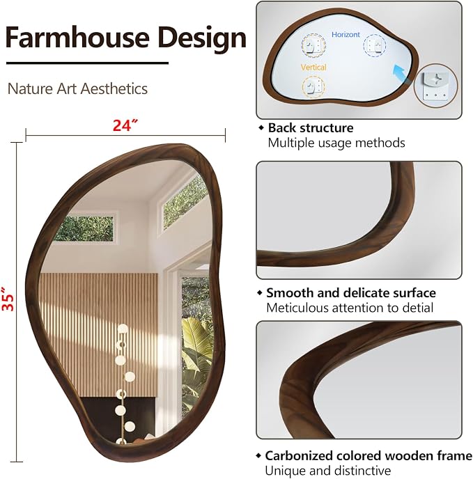 35"x24" Wood Bathroom Mirror Wall Mounted, Dark Walnut Irregular Wall Mirror, Rustic Farmhouse Vanity Mirror for Bedroom Living Room Bathroom Entryway, Horizontal/Vertical