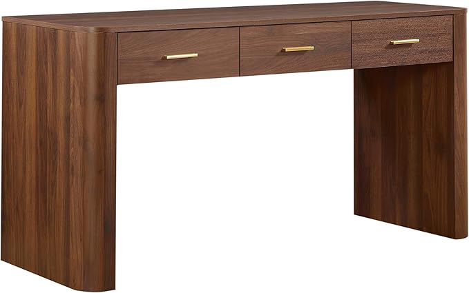 Merax Modern Minimalist Computer Desk with 3 Storage Drawers, 58.3" Wood Computer Desk with Rounded Edges & Reinforced Legs, Large Home Writing Desk for Bedroom, Dark Walnut