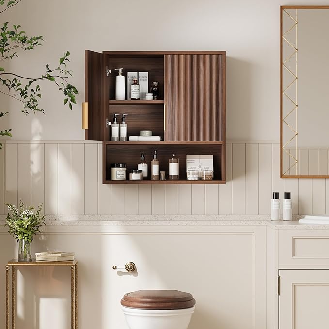 VINGLI Bathroom Wall Cabinet, Walnut Fluted Medicine Cabinet with Doors, Wall Mounted Storage Cabinet Over Toilet with Adjustable Shelf, Mid-Century Hanging Organizer for Kitchen, Laundry