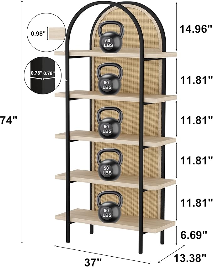 Yusong Bookshelf Rattan 5 Tier Arched Bookcase, 74" Tall Industrial Open Book Shelves for Living Room, Modern Freestanding Display Shelving Boho Storage Rack with Metal Frame for Office, Brown