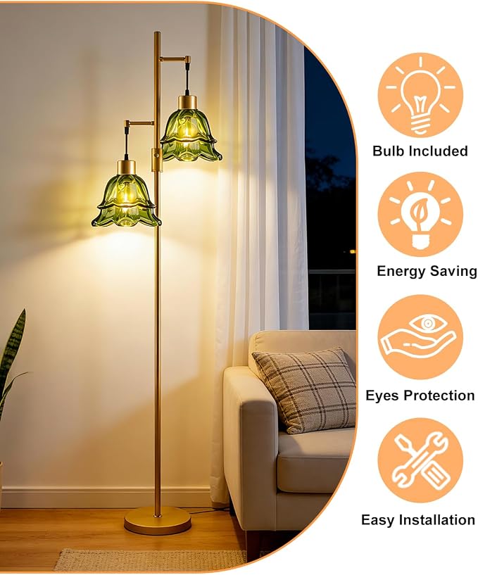 2-Light Modern Glass Floor Lamp, Gold Tall Standing Lamp with Green Tulip Glass Shade for Reading, Dimmable LED Floor Lamp with Rotary Switch for Living Room Bedroom Home Decor, Bulb Included