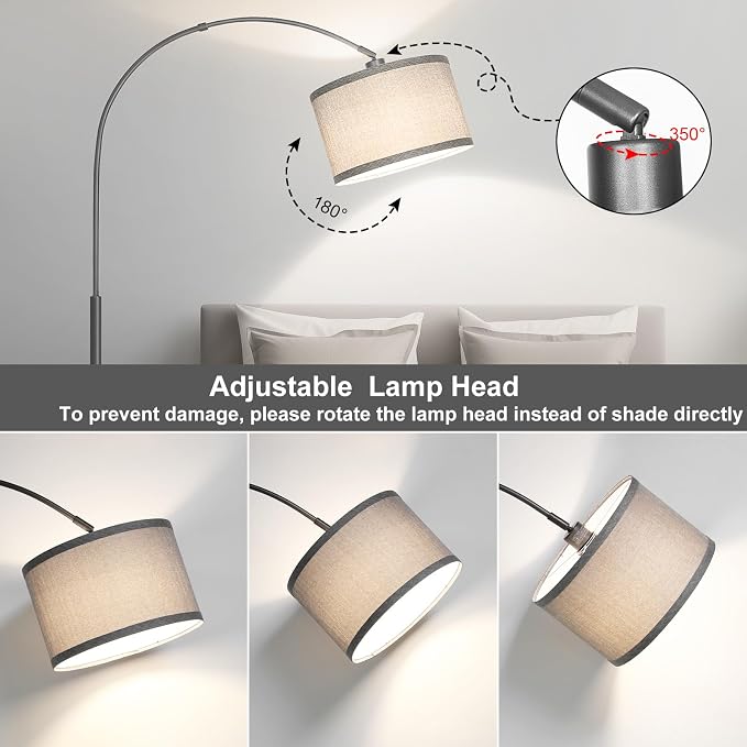 Arc Floor Lamp, Modern Floor Lamp for Living Room with Adjustable Lamp Head, Tall Pole Lamp with Gray Lampsahde and On/Off Pedal Switch, Over Couch Reading Light for Bedroom, Office, Study Room