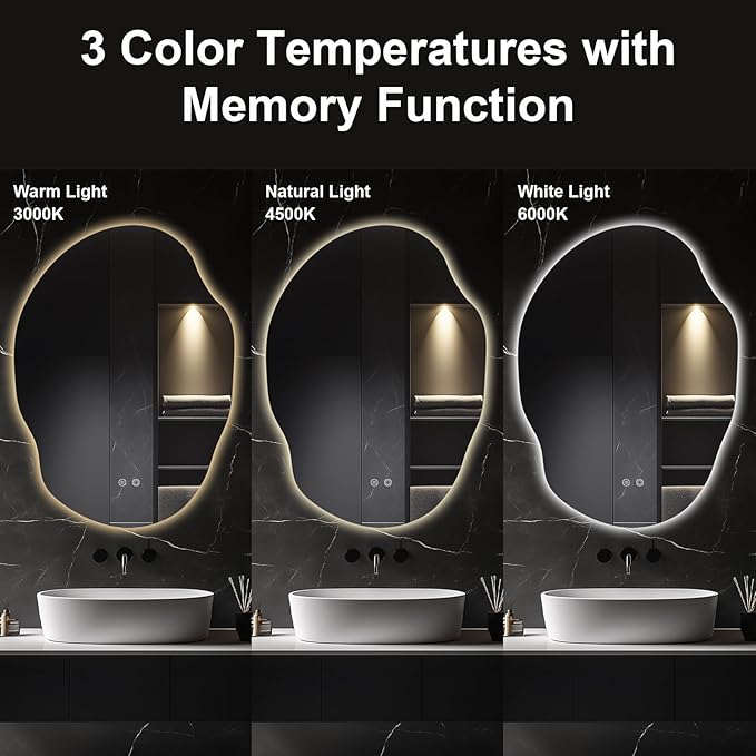 Asymmetrical Bathroom Mirror with Lights,Irregular LED Bathroom Vanity Mirror with Backlit,Anti-Fog,3 Colors and Dimmable Light with Memory,Hardwired Supported[Horizontal/Vertical] 55" H x 40" W