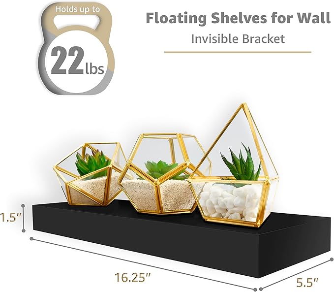 Sorbus Floating Shelves for Wall - Set of 3 Black Wood Shelves for Living Room, Kitchen, Bedroom, Bathroom Storage - 16" Book Shelf for Wall Decor, Home Decor, Farmhouse, Frames & Trophy Display