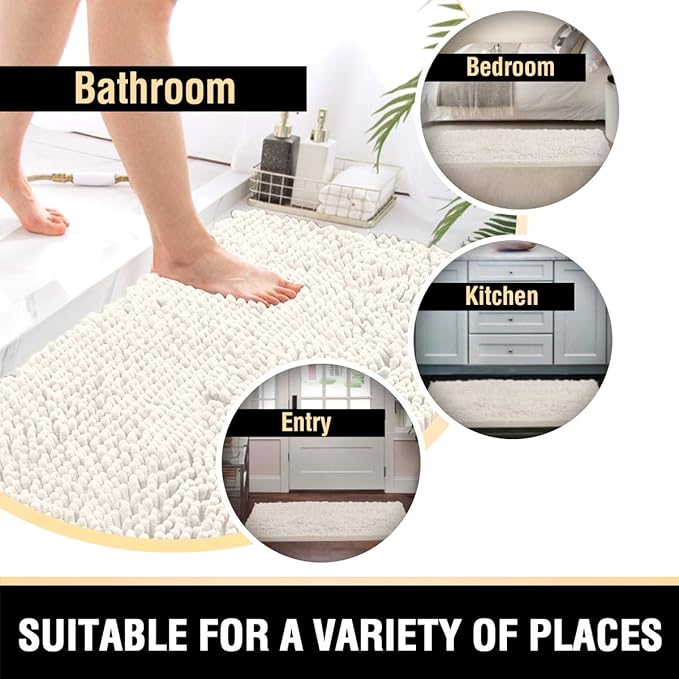 H.VERSAILTEX Bathroom Rugs Bath Mats Non Slip Chenille Bathroom Runner Rug 24x47 Extra Soft and Absorbent Shaggy Rugs Washable Dry Fast Plush Area Carpet Mats for Bath Room, Tub - Ivory