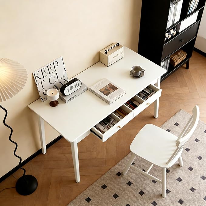 Mid Century Modern Desk, Wood Home Office Computer Desk with 2-Drawers, Vintage Writing Desk Workstation for Study, Bedroom(31.4 inch, White)