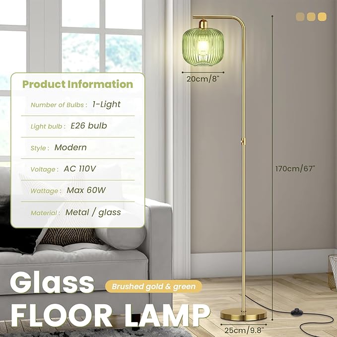Dimmable Gold Floor Lamp, Mid Century Modern Floor Lamp with Foot Switch, 67" Tall Lamp Green Ribbed Glass Retro Brass Standing Lamps for Living Room Bedroom Office Study Room