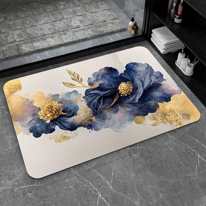 Diatomaceous Earth Bath Mat,Watercolor Flowers Gold and Blue Non-Slip Volume Super Absorbent Fast Drying for Bathroom Kitchen Door mat,Eco-Friendly Easy to Clean 17×27.5Inch (43 * 70cm)