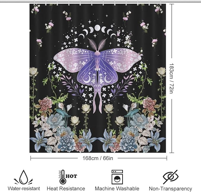 Floral Moth Moon Shower Curtain, Nature Aesthetic Flower Phase of The Moon Artistic Design Waterproof Shower Curtains for Bathroom Decor 12 Pack Hooks 66x72in（168x183cm）