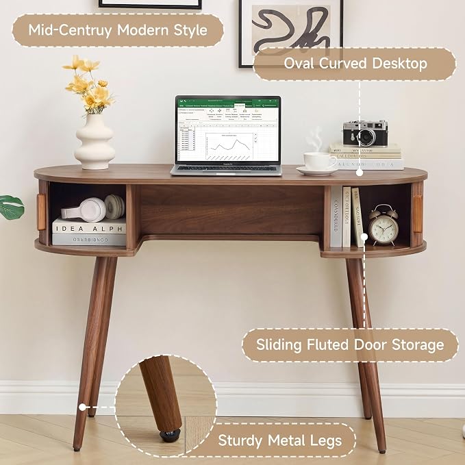 AVZEAR 43" Oval Fluted Home Office Desk, Small Computer Desk Mid Century Modern Vanity Table with Sliding Tambour Door, Wooden Writing Study Desk for Small Spaces, Bedroom, Office(Wlanut)