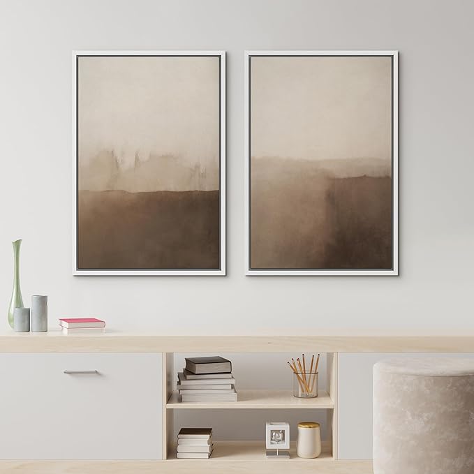 IDEA4WALL Framed Canvas Print Wall Art Set Minimalist Brown Watercolor Landscape Neutral Illustrations Modern Art Decorative Bohemian Calm/Zen for Living Room, Bedroom, Office - 16"x24"x2 White