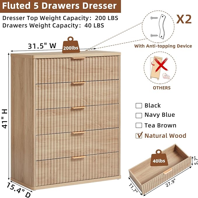 LEYAOYAO Fluted 5 Drawers Dresser Set of 2, 41" Tall Modern Chest of Drawers with Metal Handle, Curved Profile Dresser TV Stand, Wooden Drawer Organizer for Bedroom, Living Room, Hallway, Natural