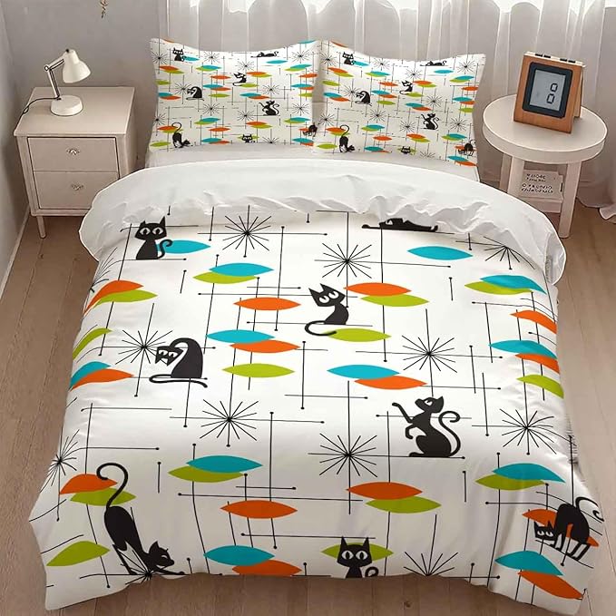 Mid Century Bedding Set,Retro Black Cat 1950s 1960s Abstract Atomic Colorful Geometric Pattern Modern Comforter Set with Pillowcase for Bedroom Bed Decor，Twin 86"x70"
