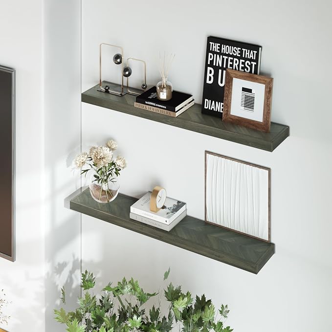 Howizz 48'' Chevron Floating Shelves for Wall, Acacia Wood Wall Mounted Shelves with Invisible Brackets, Rustic Wooden Shelf Set of 2 for Living Room, Bedroom, Bathroom, Kitchen Decor, Mocha Finish