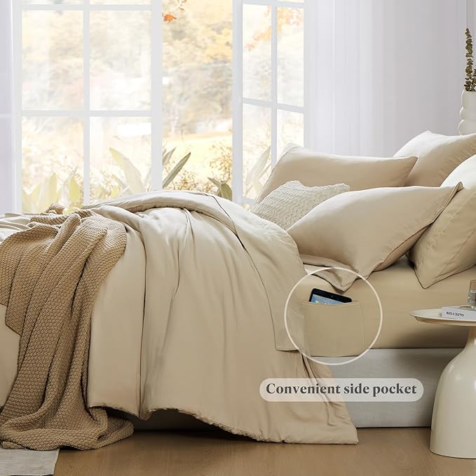 WRENSONGE Twin XL Comforter Set- 5 Pieces Beige, All Season Twin XL Bedding Sets with 1 Fitted Sheet, 1 Flat Sheet, 1 Pillow Sham and 1 Pillowcase