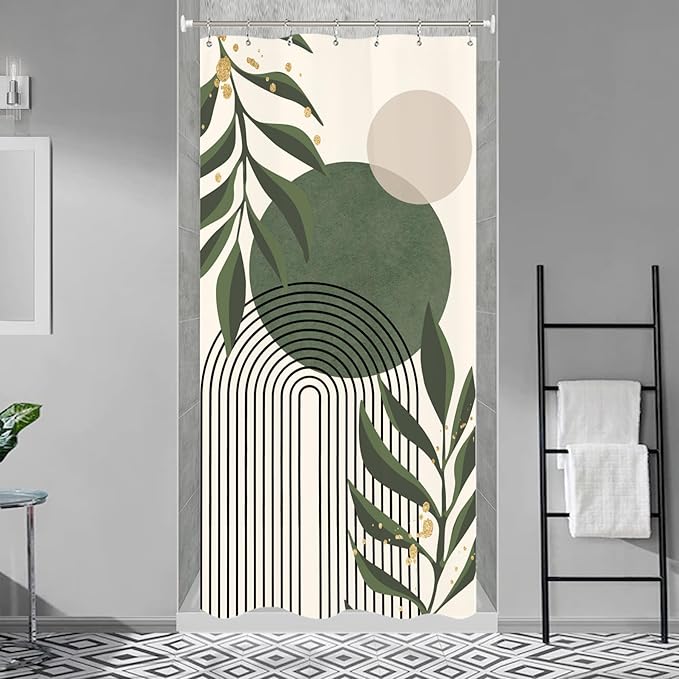 Miyotaa Stall Abstract Sage Green Shower Curtain Set 36Wx71H Inches Minimalist Aesthetic Modern Small Half Contemporary Plant Leaves Polyester Waterproof Cloth Bathroom Curtain with 12 Hooks