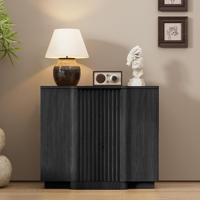 Yechen Buffet Cabinet with Storage, 31.5" Accent Sideboard Modern Credenza with Doors & Adjustable Shelves Fluted Media Console Wood Coffee Bar Table for Living Kitchen Dining Room,Black (2 Door)