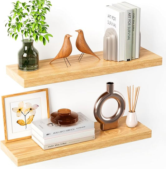 Solid Wood Live Edge Floating Shelves Set of 2 – 24" Rustic Wall Shelf with Hidden Bracket System, Wall Mounted Shelves for Bathroom, Kitchen, Living Room, Bedroom (Raw Wood)