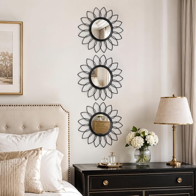 Black Flower Mirror Set of 3, 3PCS Metal Round Decorative Wall Mirrors, Floral Petal Accent Mirror Wall Decor for Living Room, Bedroom, Entryway & Bathroom