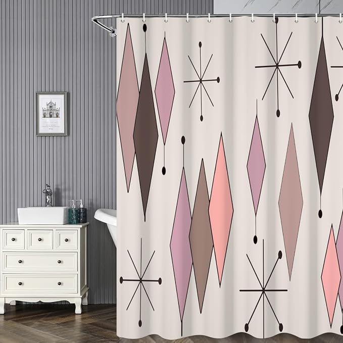 Mid Century Shower Curtain Vintage Abstract Pink Brown Diamond Geometric Atomic Starburst Pattern for 1950s Retro Bathroom Decor Accessories Shower Curtain Set with 12 Hooks, 65x72 Inches