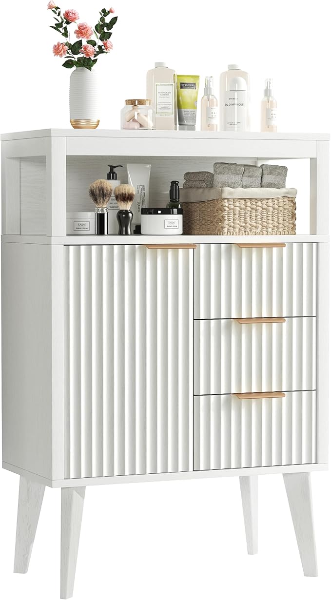 White Bathroom Floor Cabinet with 3 Fluted Drawers & Door, Modern Storage Sideboard with Open Shelf, Coffee Bar Station for Living Room, Entryway, 23.6 x 11.8 x 34.6 Inches