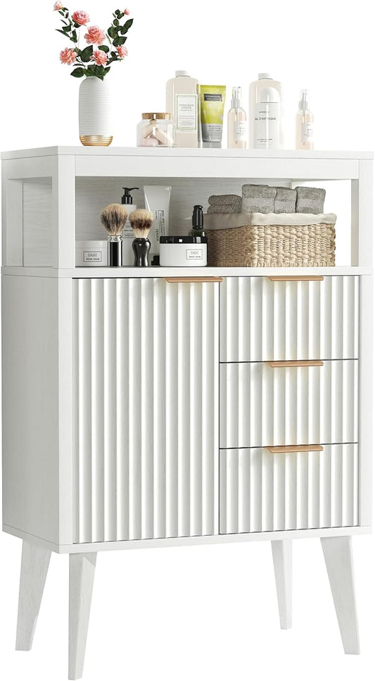 White Bathroom Floor Cabinet with 3 Fluted Drawers & Door, Modern Storage Sideboard with Open Shelf, Coffee Bar Station for Living Room, Entryway, 23.6 x 11.8 x 34.6 Inches