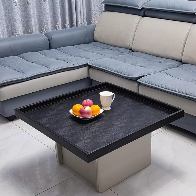 25 x 25 inches Luxury Leather Square Oversized Service Tray, Ottoman & Coffee Tray for Family Dinner, Out-of-House Picnic & Party （25 inch Black）