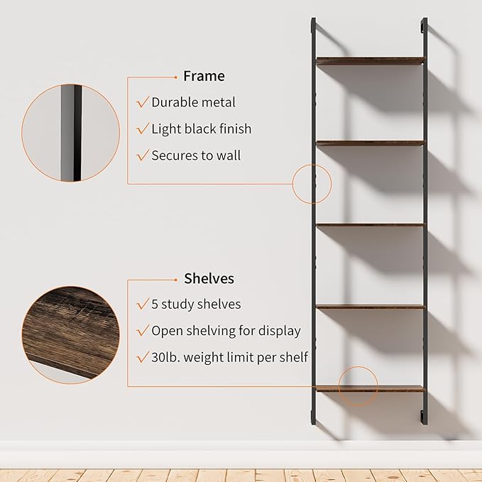 5 Tier Wall Mounted Bookshelf, 15.74" D x 9.44" W x 62.99" H, Narrow Ladder Bookcase with Metal Frame for Home Office, Living Room, Study, Industrial, Brown
