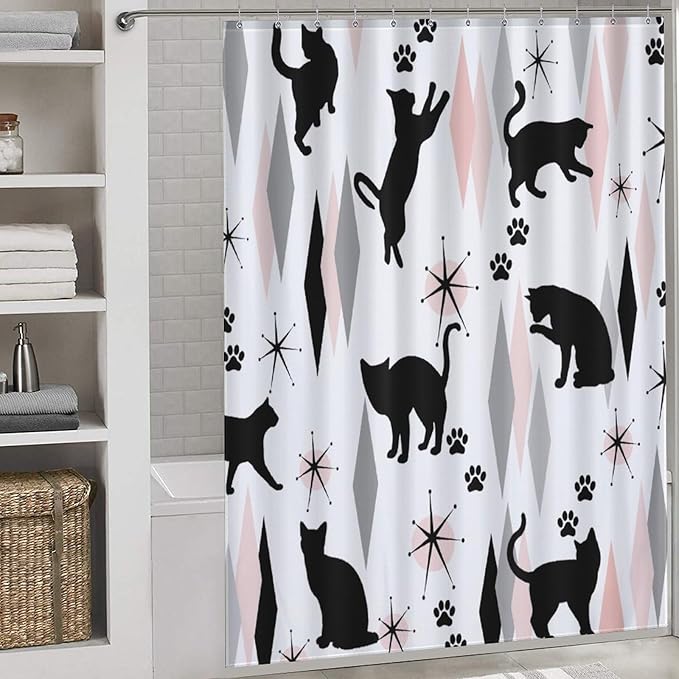 Mid Century Modern Shower Curtain for Bathroom, Retro Abstract Geometric Black Cat Atomic Pink Kittey Retro 1950s 1960s Waterproof Fabric Shower Curtain Set with Hooks, 72"x72"