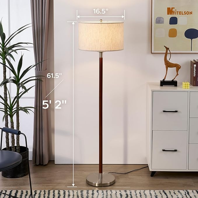 Floor Lamp, Modern Lamp with Dimmer Switch and Bulb, Mid Century Lamp with Linen Shade, Great Living Room Décor, Tall Lamp, Standing Lamp for Bedroom and Office, Walnut Wood Finish