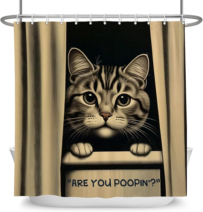 Cat Shower Curtains Cute are You Poopin' Funny Humorous Animal Whimsical Bathroom Curtain Curious Joke Cat Shower Curtain Sets for Bathroom Extra Long 72x78 in with 12 Hooks