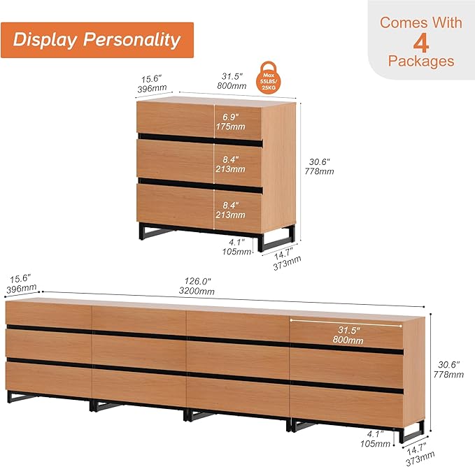 WAMPAT Dresser for Bedroom, Closet Organizers and Storage with 12 Drawers, Chest of Drawers with Metal Base, Wooden Modern Dresser for Living Room, Bedroom, Entryway, Mocha