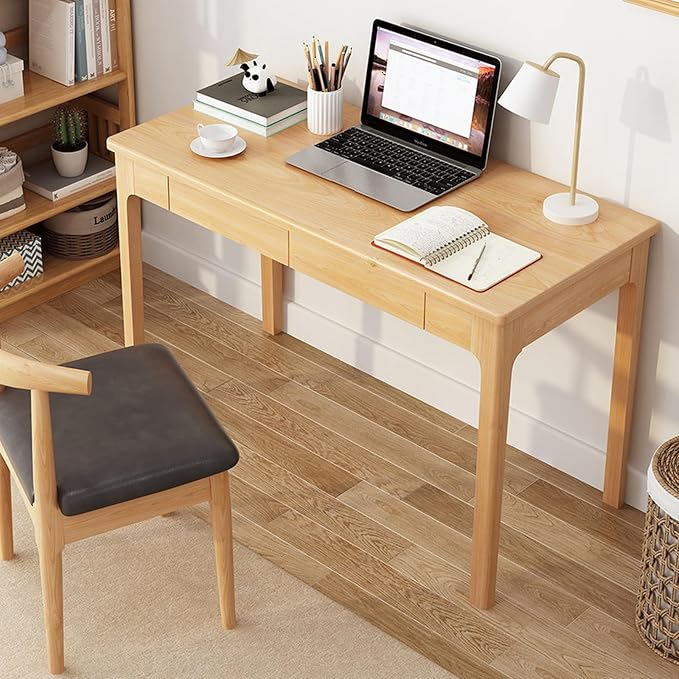 Solid Wood Desk with Drawers, Mid Century Modern Home Office Writing Desk, Vintage Computer Desk with Storage for Living Room, Bedroom(120x56x75cm, Natural)