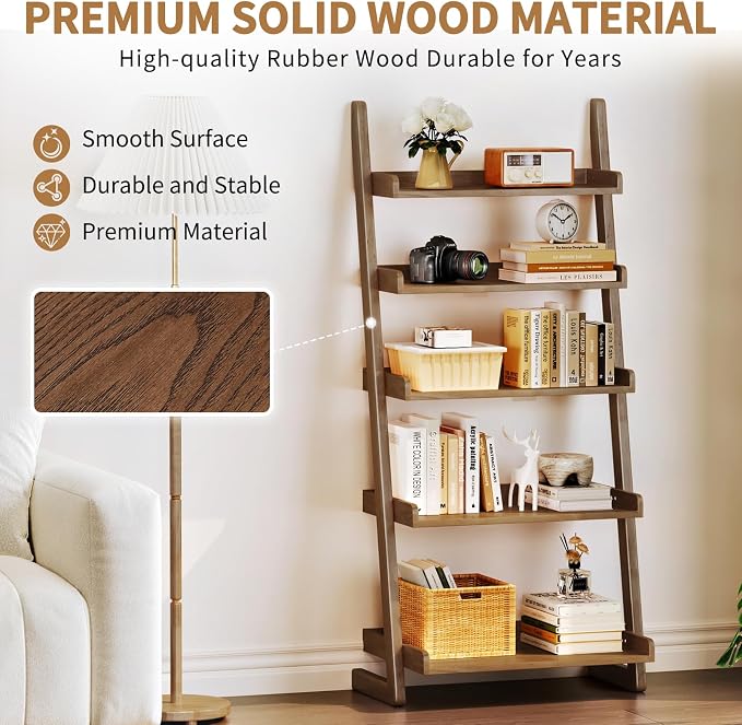 Uniclinens Walnut Wooden Ladder Shelf, 5-Tier Leaning Bookshelf, Ladder Bookshelf for Compact Spaces, Leaning Bookcase for Living Room, Bedroom, Home Office