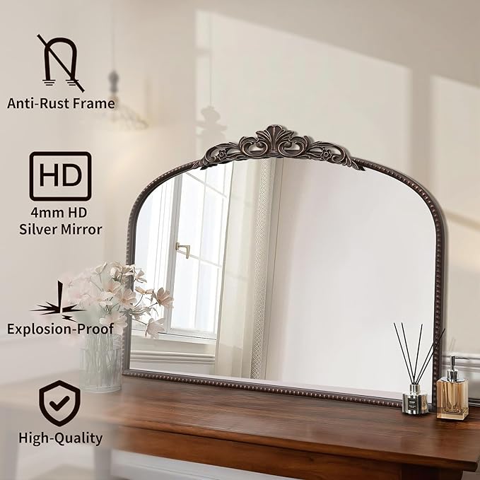Micasso Vintage Wall Bronze Mirror: 32"x24" French Baroque Antique Mirror - Traditional Ornate Decorative Arched for Wall/Bathroom/Entryway/Fireplace/Hallway - Home Decor for Living Room