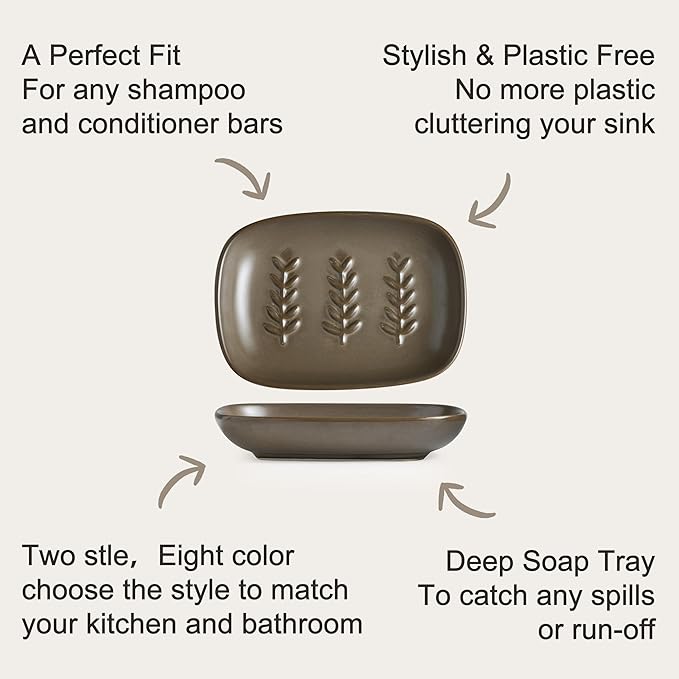 Soap Dish Soap Holder Shower, Ceramic Soap Dishes for Bar Soap Sponge, Farmhouse Shower Soap Dish, Large Soap Saver Tray for Bathroom Kitchen Sink, Easy Cleaning, Extend Soap Life, Brown