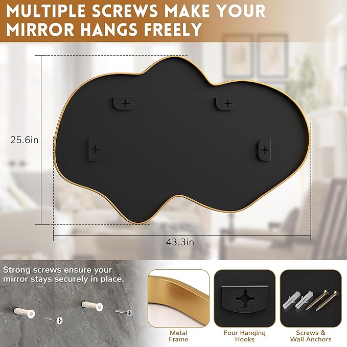 Irregular Wall Mirror, Gold Bathroom Wavy Abstract Mirror for Over Sink, Decorative Cloud-Shaped Wall Mirror, Stylish Shatter-Proof HD Mirror for Bedroom, Entryway (26"x43", L, 1 Pack)