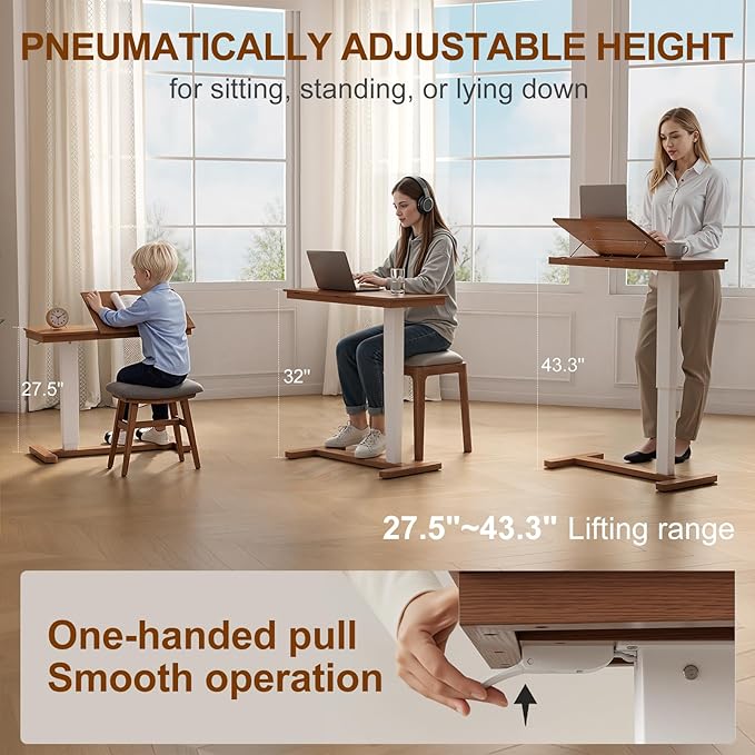 Solid Wood Overbed Bedside Table with Wheels, Adjustable Medical Tilt Top Hospital Bed Table Over The Bed, Rolling Laptop Desk, Mobile Standing Desk for Hospital and Home Use (Walnut)