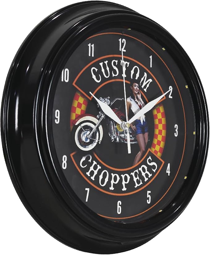 American Art Decor Custom Choppers LED Clock - 12" Wall Mounted Modern Motorcycle Wall Decor - Wall Clock for Living Room, Dorm, Mancave, Garage, Office, Game Room (Black/Orange/Red)