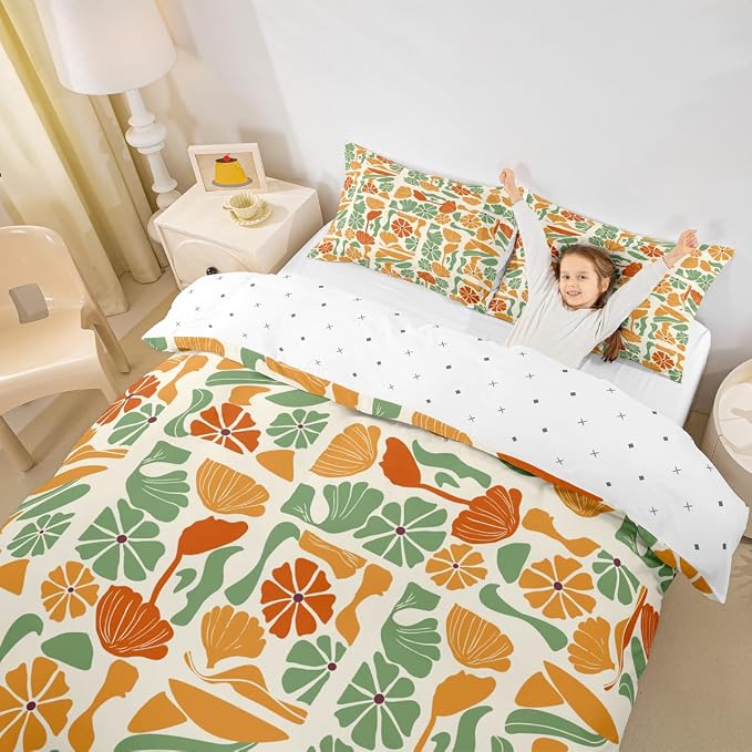 Erosebridal Mid Century Modern Comforter Cover King Abstract Geometric Boho Floral Bedding Set Cute Yellow and Green Plants Patchwork Duvet Cover for Kids Adults,Vintage Aesthetic Geometric Bed Set