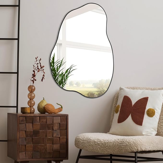 POZINO Asymmetrical Mirror, Black Irregular Mirrors, Cloud Shaped Mirrors, Unique Modern Frameless Mirror for Living Room Bathroom Bedroom Entryway Fireplace,30"x20.5"