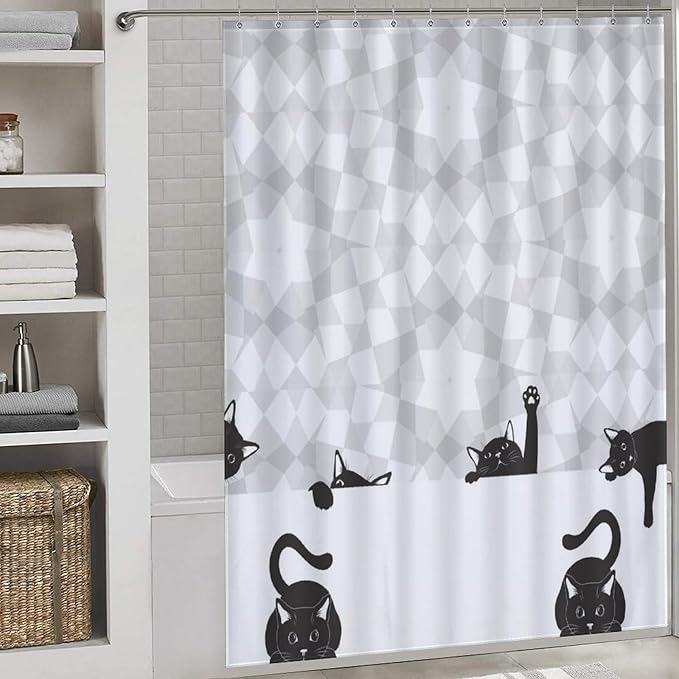 Cats Shower Curtains Gray White Mosaic Black Background Funny Cat Pattern Duty Fabric Shower Curtain Set Bathroom Polyester Waterproof with 12 Hooks, 66x72Inch（168x183cm）