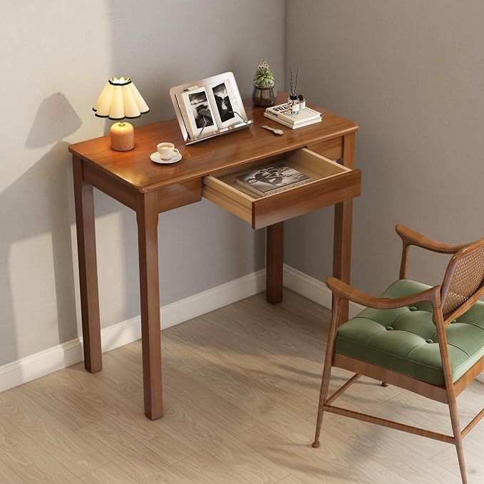 Solid Wood Desk with Drawers - 31.5" Narrow Desks for Small Spaces, Mid Century Modern Desks, Small Wooden Vintage Computer Writing Desk, Study Table for Home Office Bedroom, Walnut