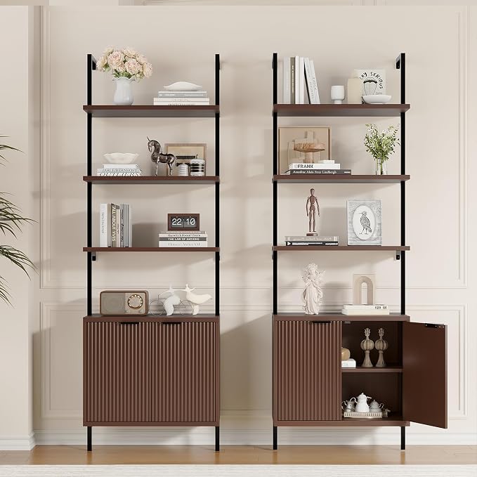 Set of 2 Ladder Bookshelf with Cabinet, 71" Tall Bookcase with Shelves & Storage, Fluted Ladder Shelf with Metal Frame, 6-Tier Display Rack for Living/Bedroom, Home & Office, Walnut & Black