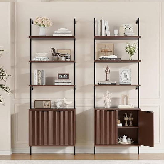Set of 2 Ladder Bookshelf with Cabinet, 71" Tall Bookcase with Shelves & Storage, Fluted Ladder Shelf with Metal Frame, 6-Tier Display Rack for Living/Bedroom, Home & Office, Walnut & Black