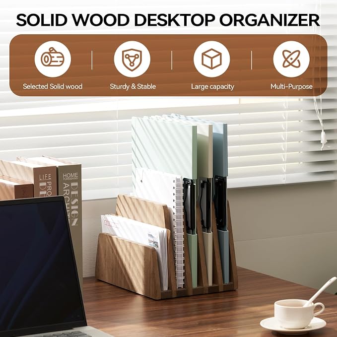 KIRIGEN Wooden Desk Mail Organizer, 5-Slot File Holder and Letter Sorter for Mail, Folders, Bills, Papers, Notebooks, Home Office, Classroom, Countertop, No Assembly, Brown 5KWJJ-DBR