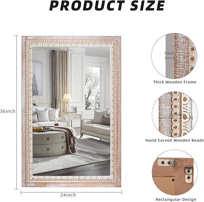 Reflinto 24x36 Inch Rustic Farmhouse Wood Framed Bathroom Vanity Mirror, Rectangular Wall Mirrors for Over Sink, Entryway, Living Room or Foyer, Horizontal or Vertical